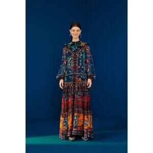 Farm Rio Ainika Tapestry Blue English Dress, Size Small, New